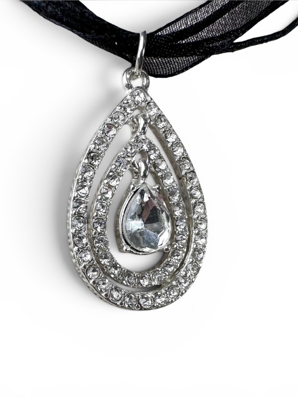 🖤Silver Tone Teardrop Crystal Pendant Necklace
